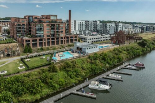 Aerial view of the Rocketts Landing community including the marina